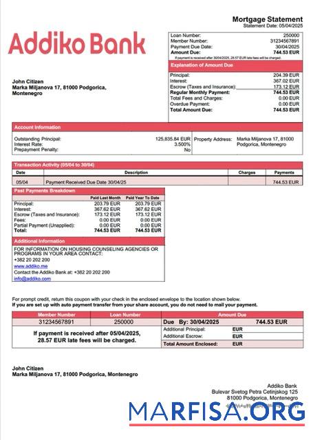 Blank Montenegro Addiko Bank mortgage statement Word and PDF template